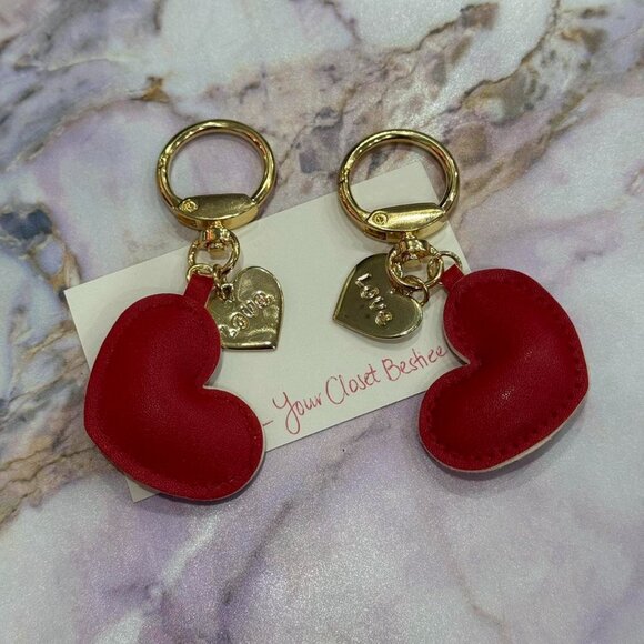 unbranded Accessories - Red Leather Heart Keychain With Gold Hardware & LOVE on a metal heart - NEW
